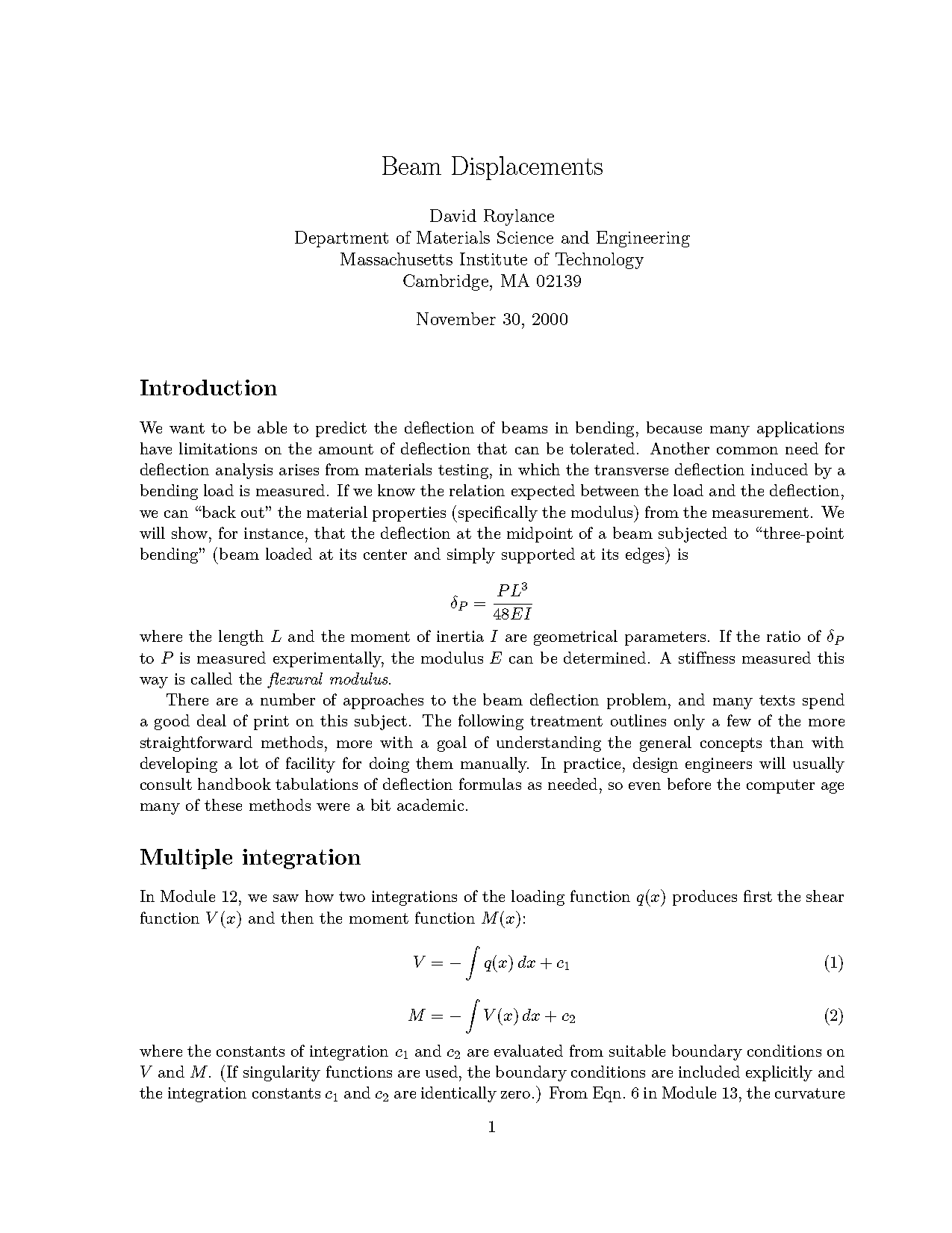 beam deflection example as function of x