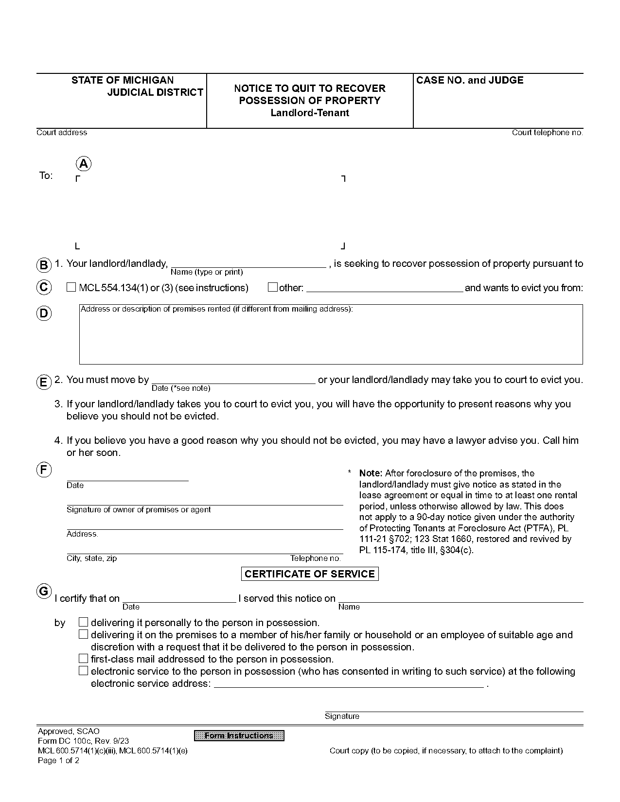 michigan notice of termination of tenancy