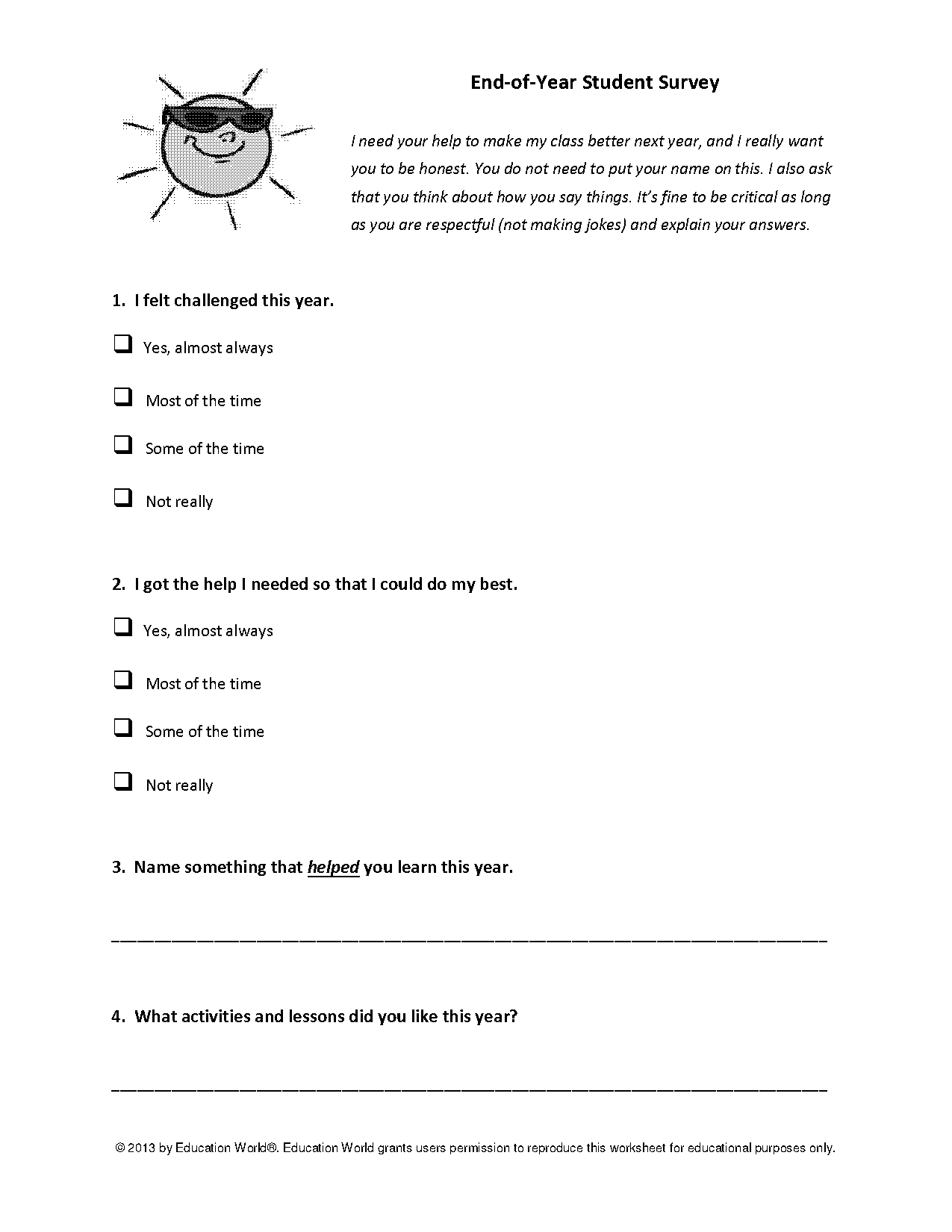 sample end of class survey