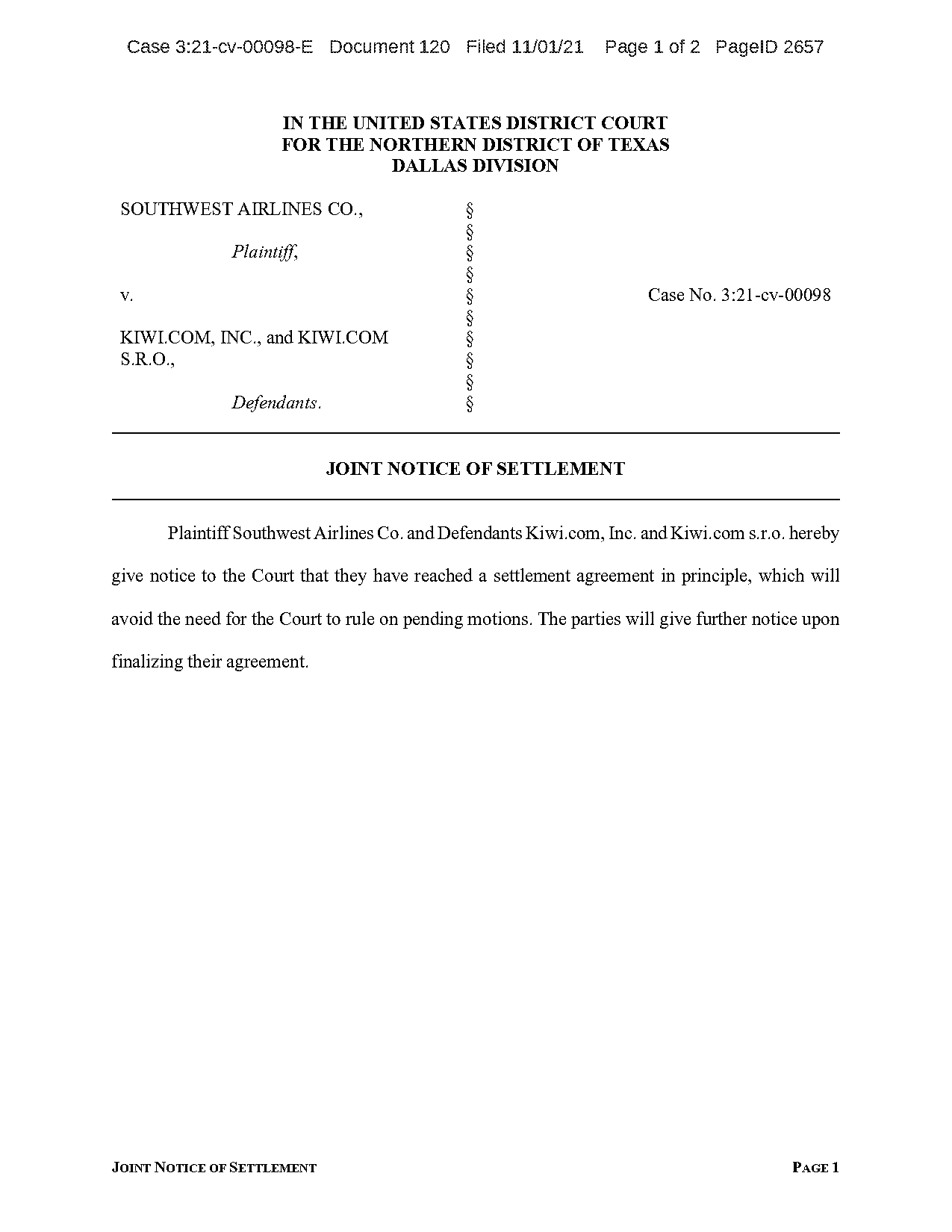 notice of settlement federal court