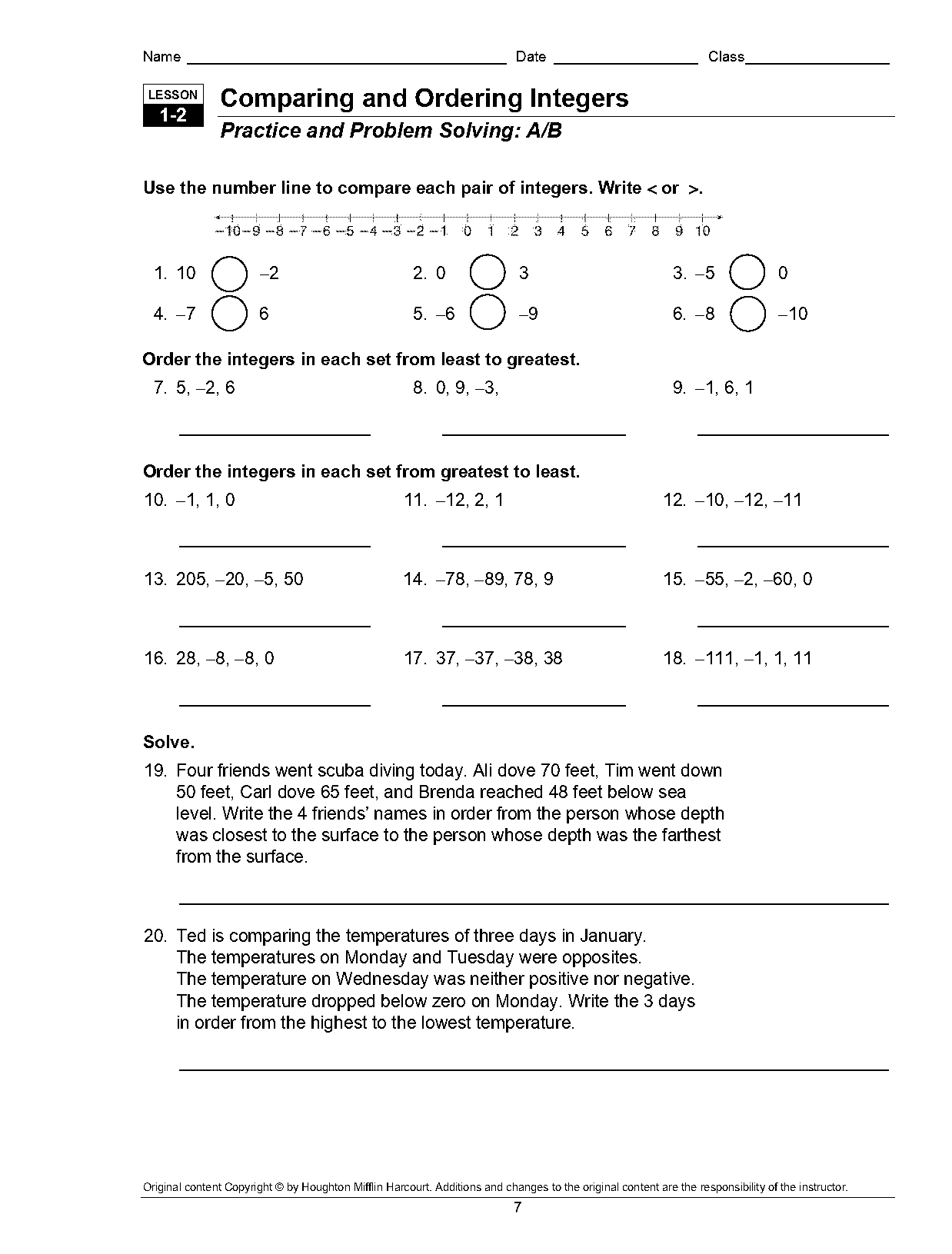 comparing and ordering integers word problems worksheet