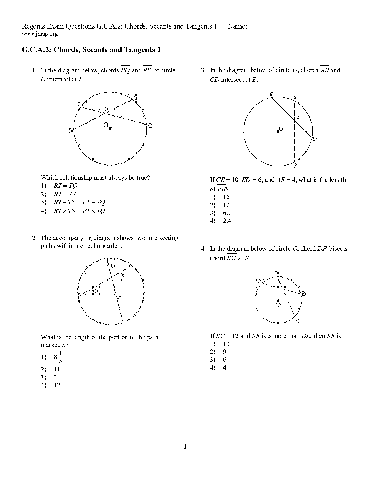 lengths of intersecting chords worksheet answer key