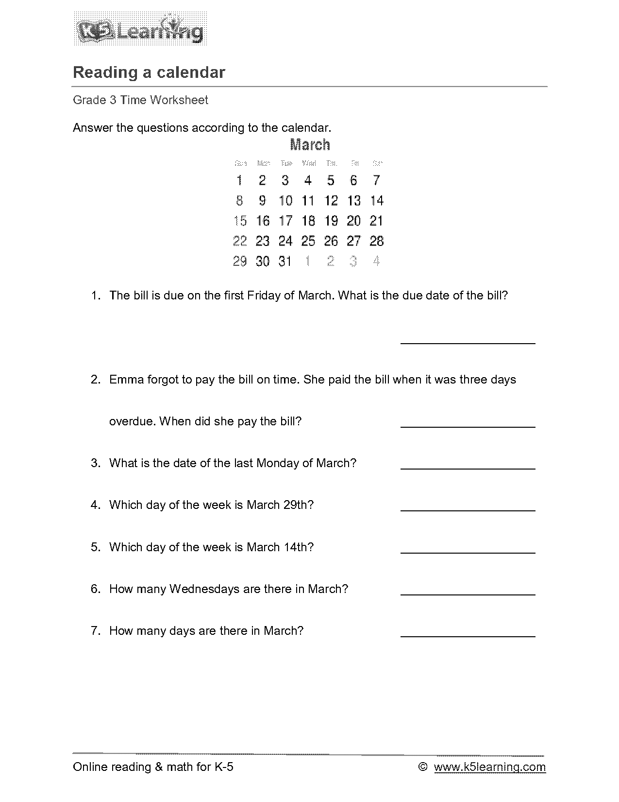 math worksheets reading a calendar