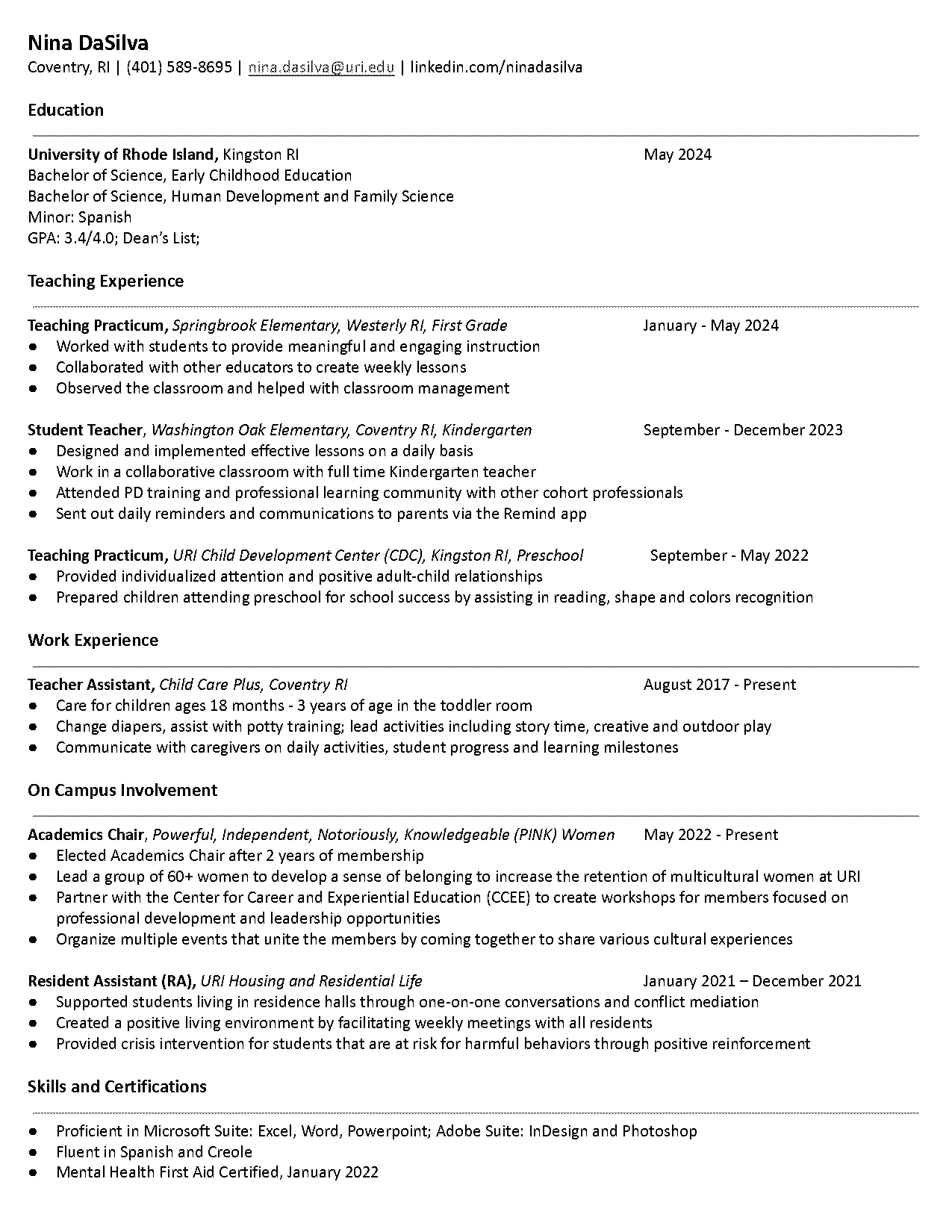 daycare assistant resume samples