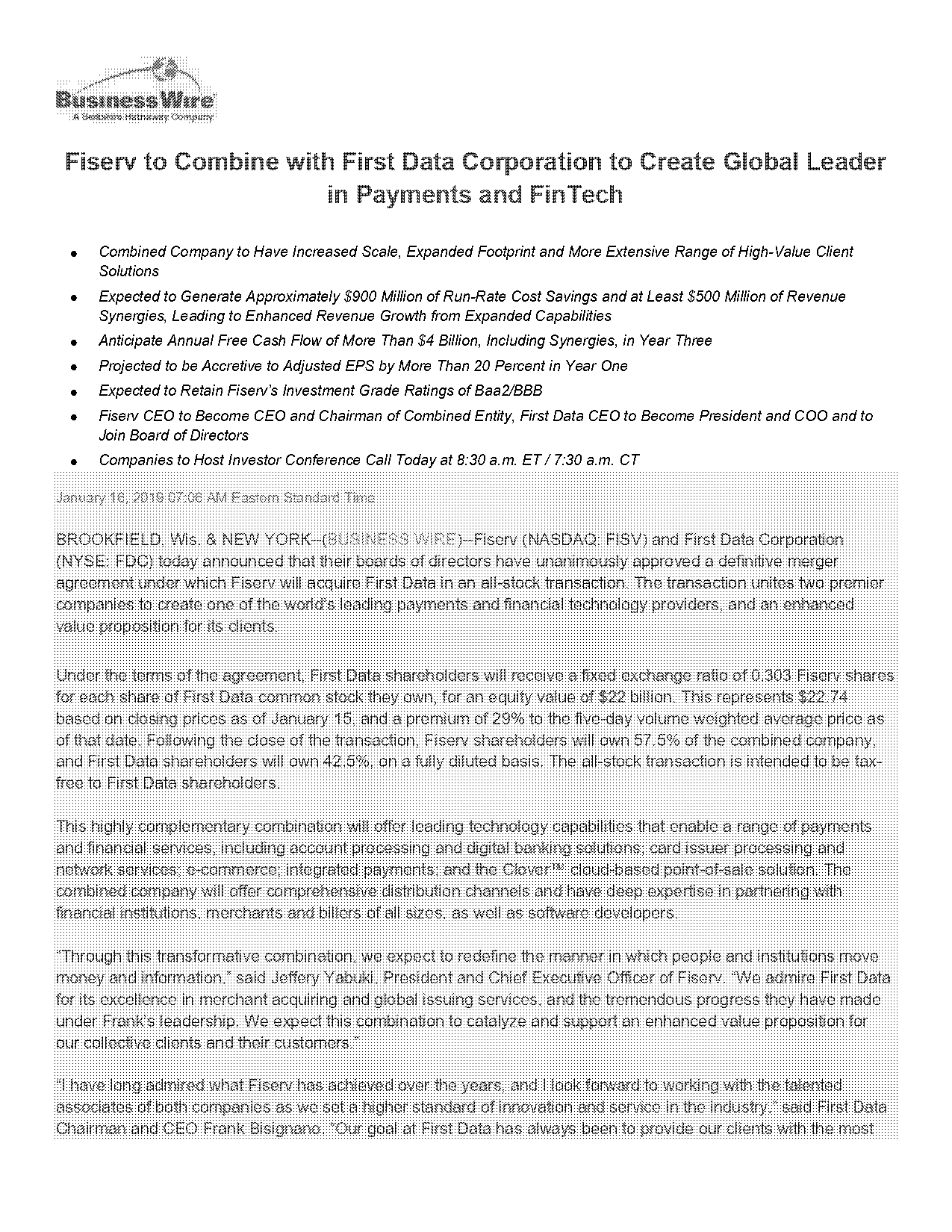 fiserv and first data press release