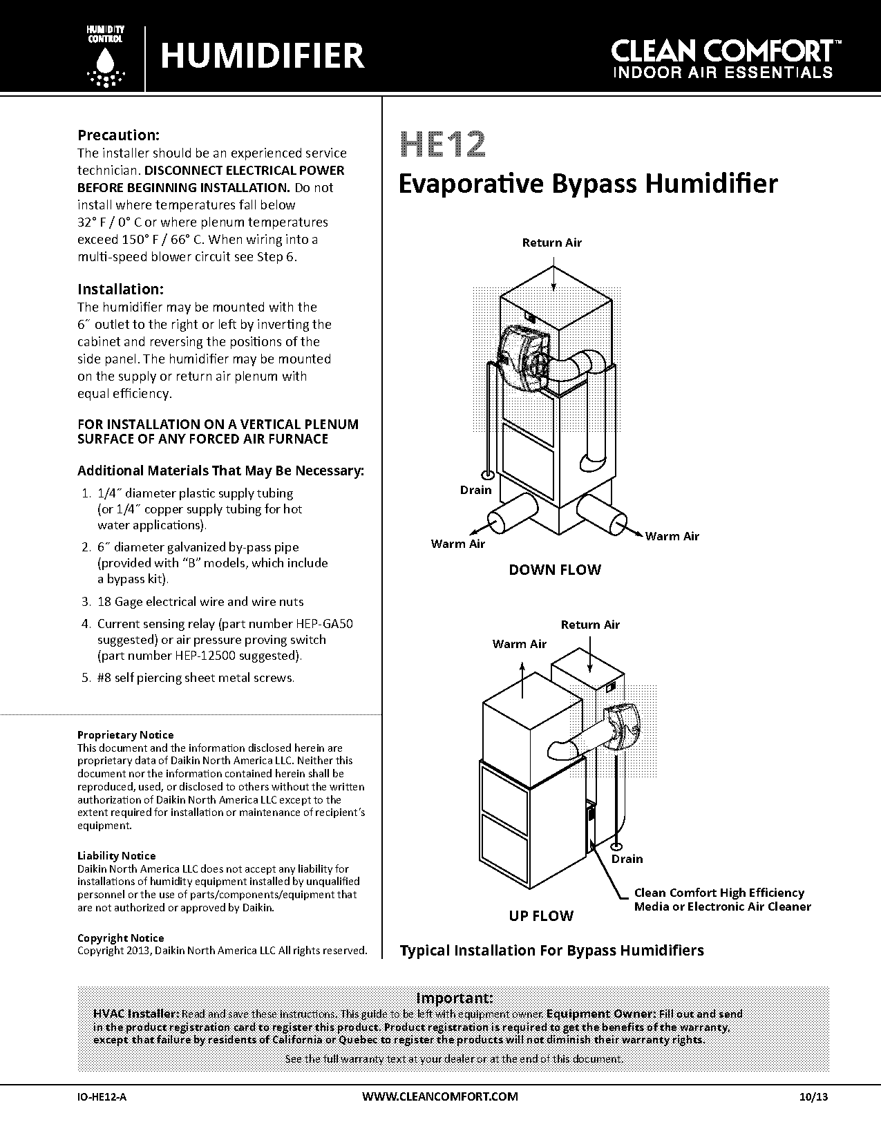 goodman humidifier installation instructions