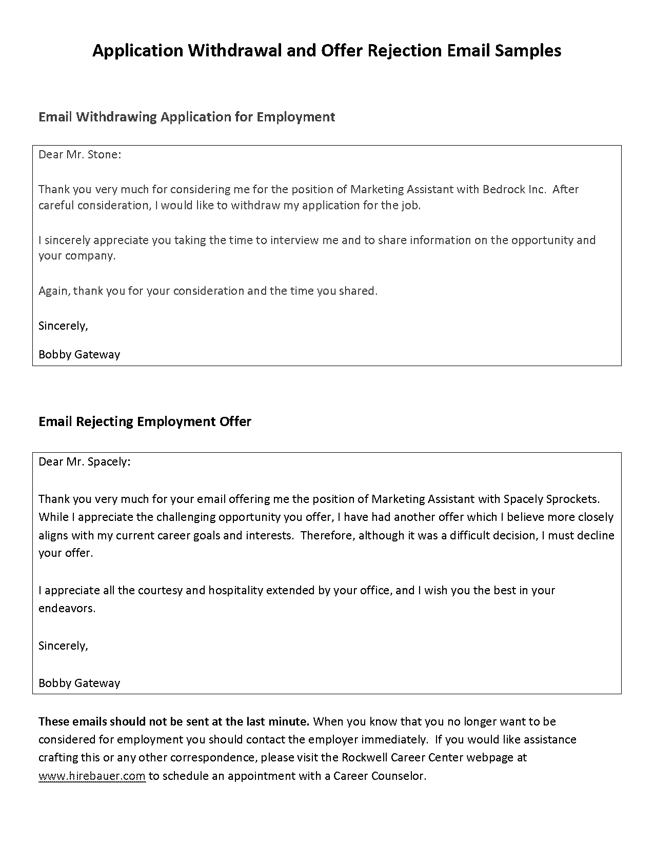 email to hr after offer lettewr