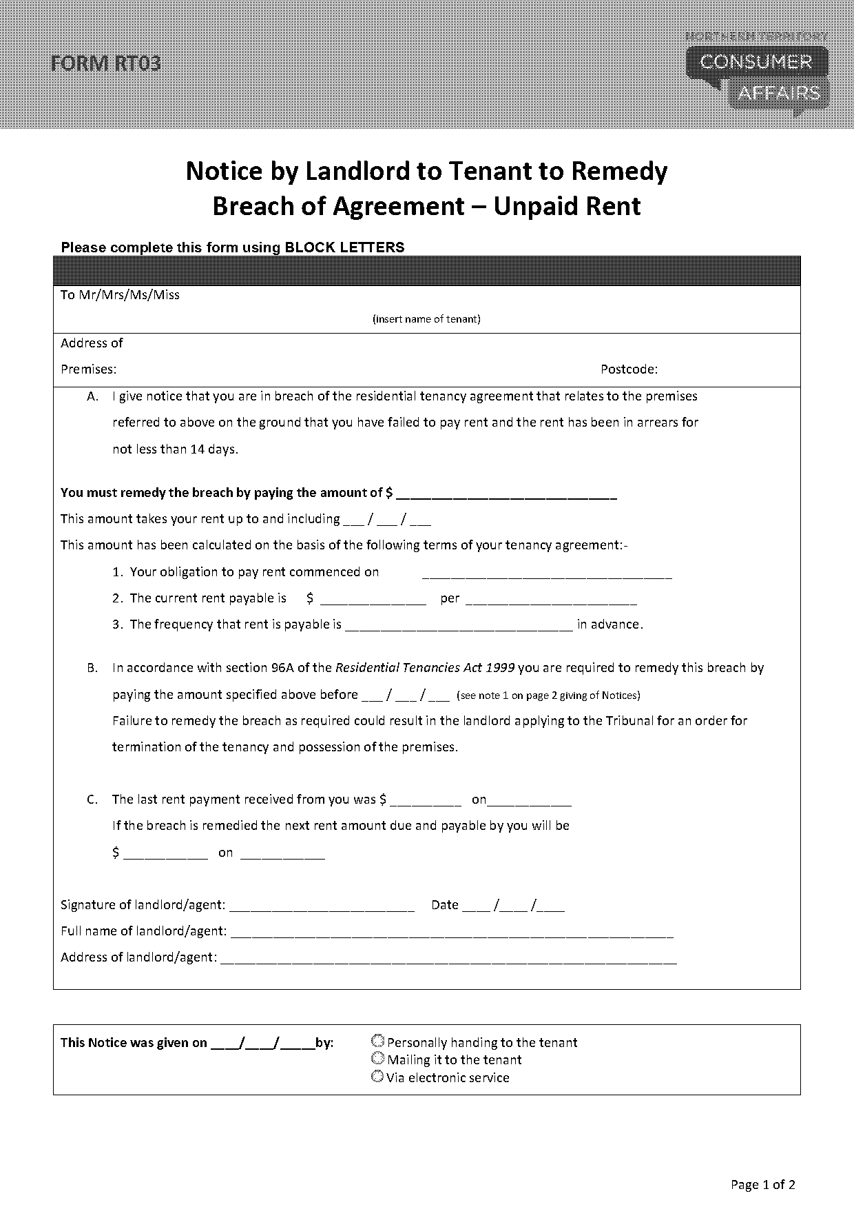 tenancy agreement template nt