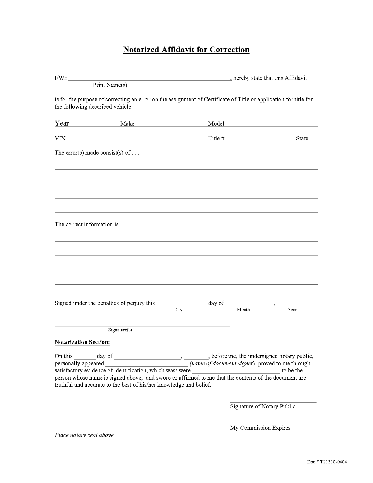 notarized affidavit for correction ma examole