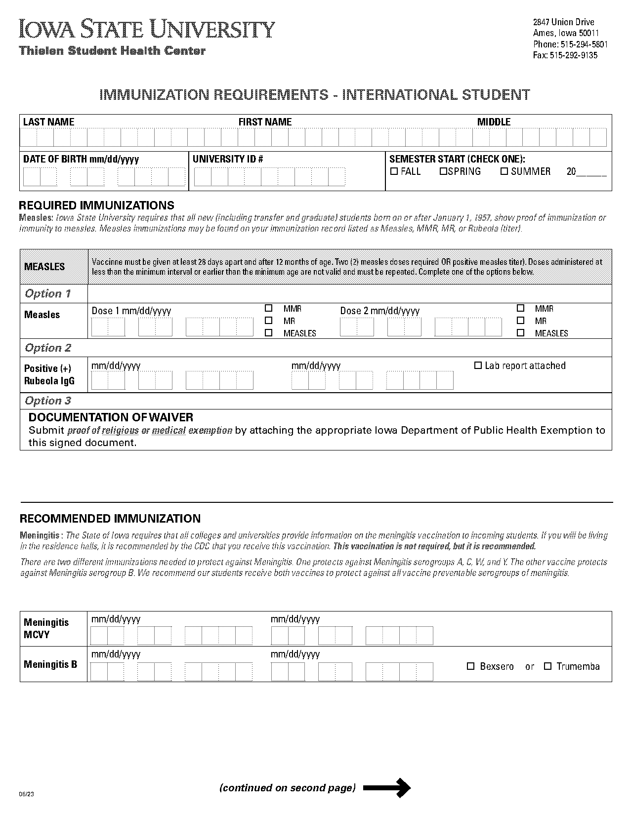 meningitis vaccine requirement iowa