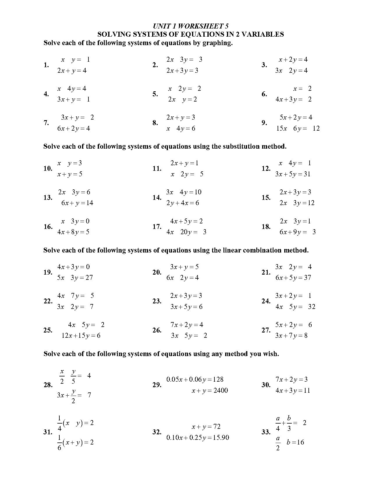 solving systems of linear equations word problems worksheet