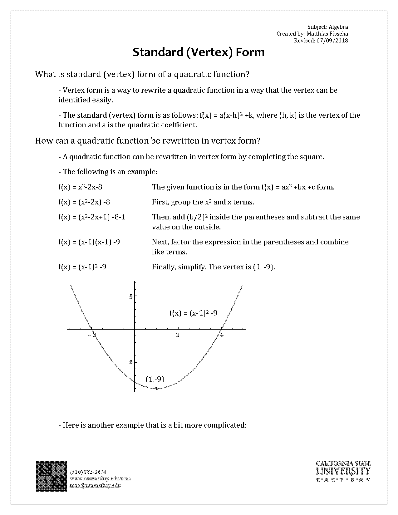 how to make vertex form from standard form