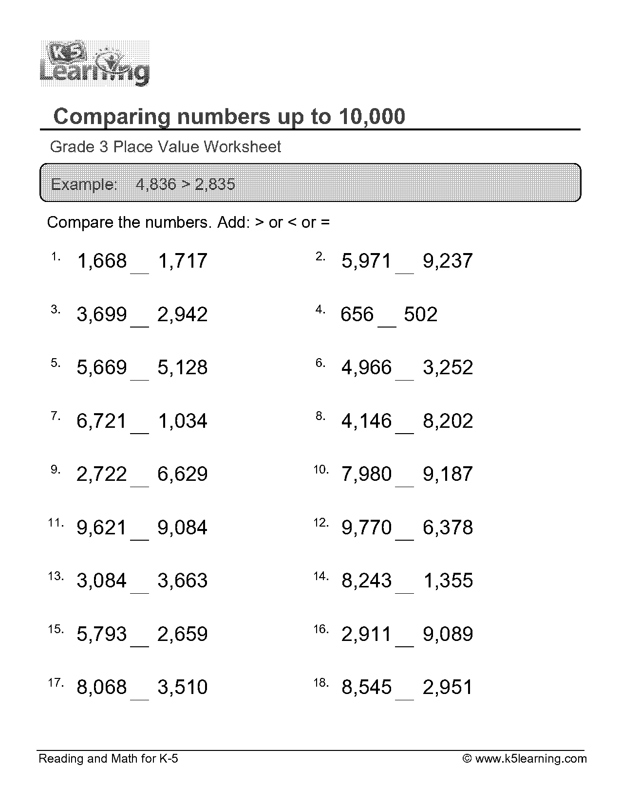 comparing whole numbers worksheet