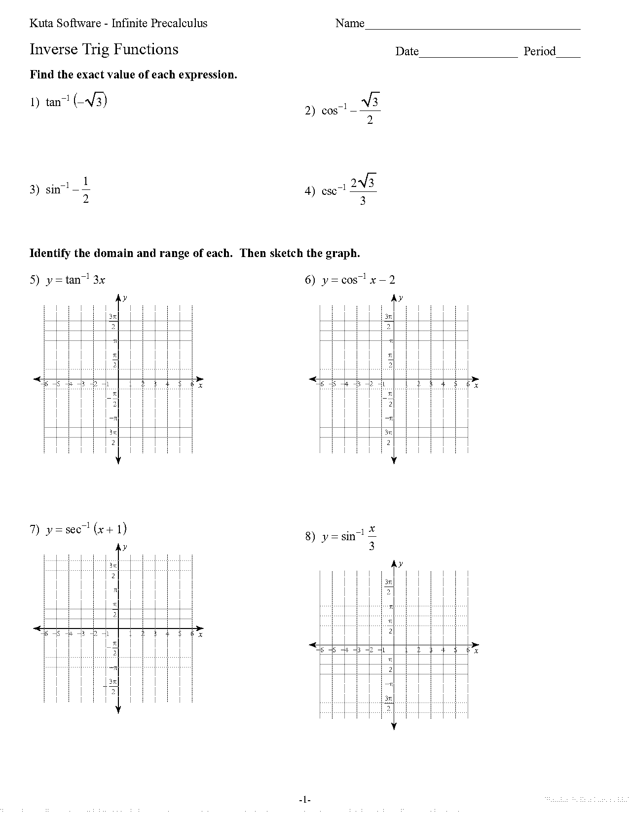 evaluating inverse trig functions worksheet and answers