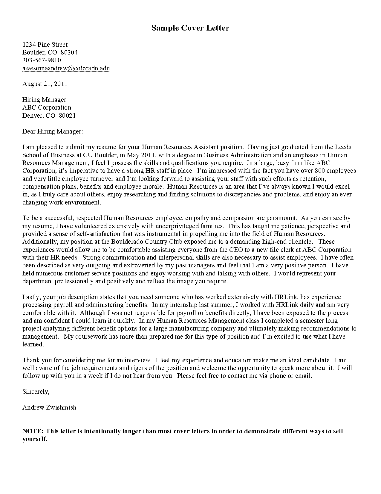 cover letter sample for cus