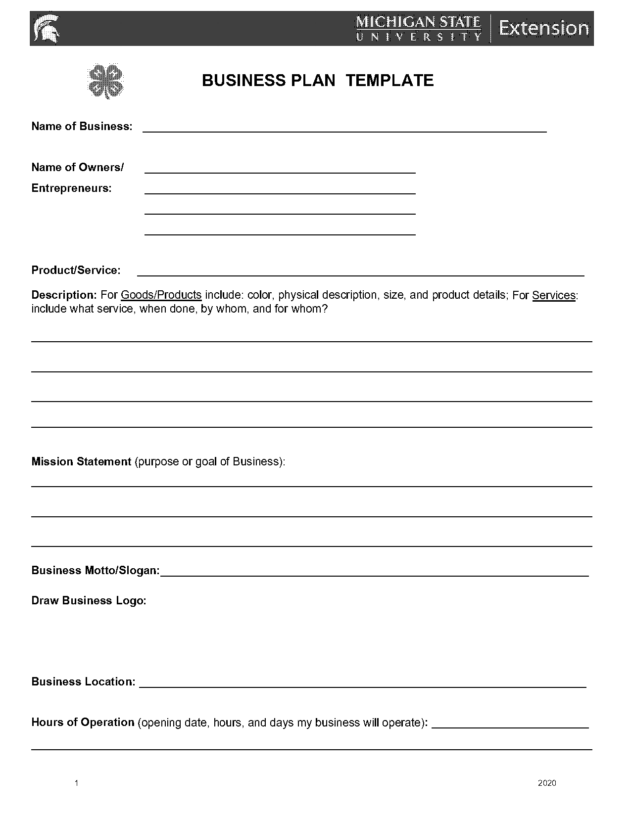 business plan template for a product