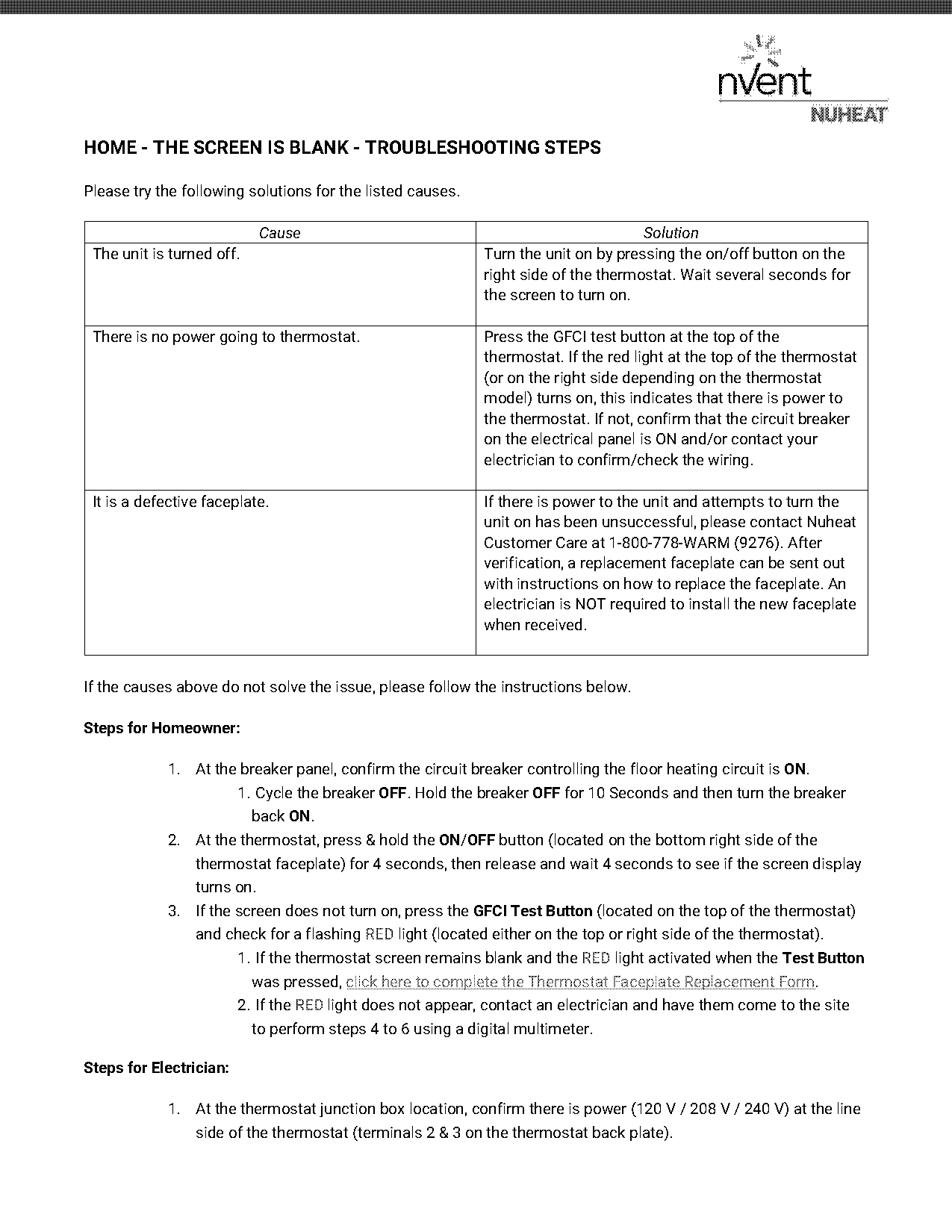 thermostat screen blank after hitting breaker