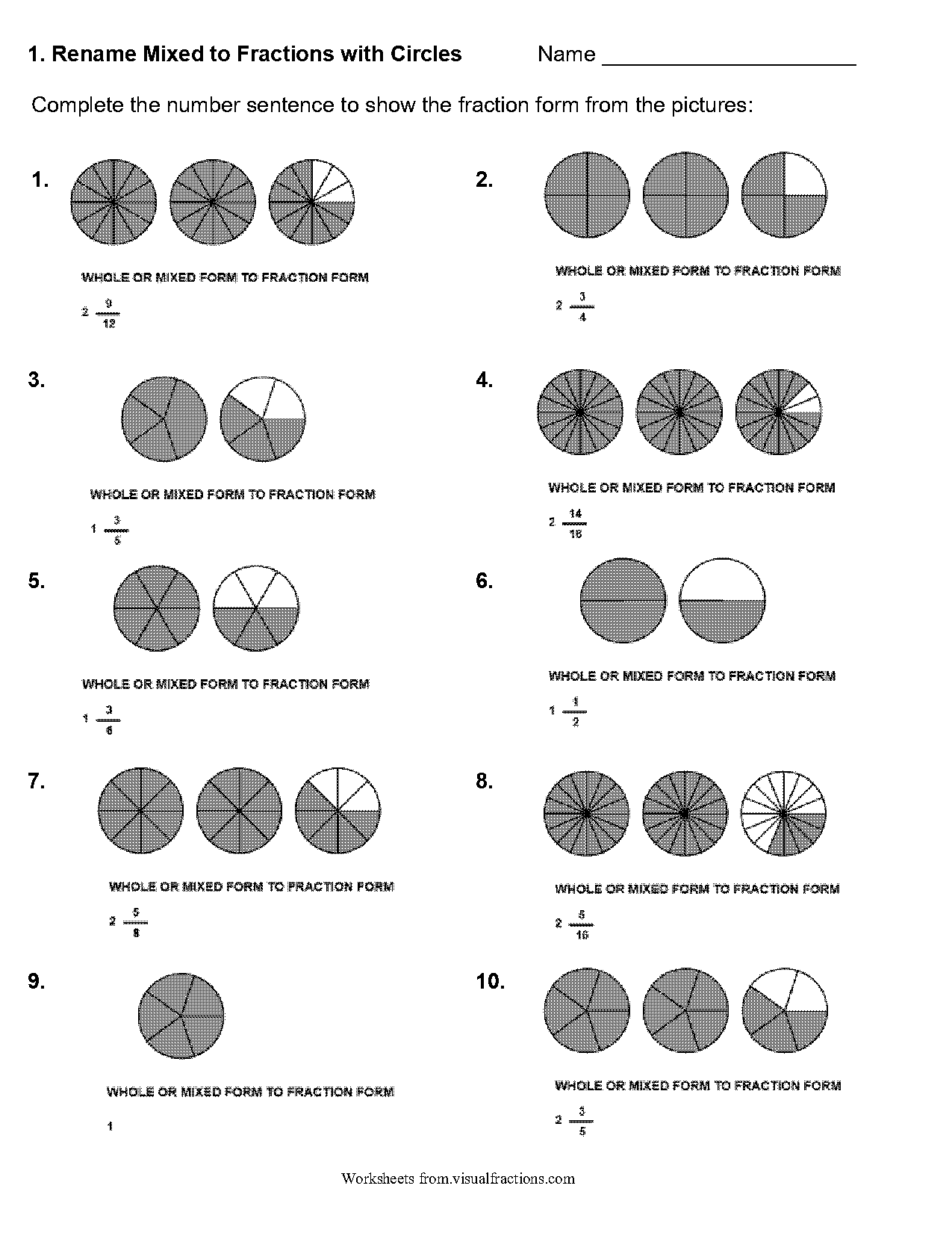 rename mixed to fractions with circles worksheet