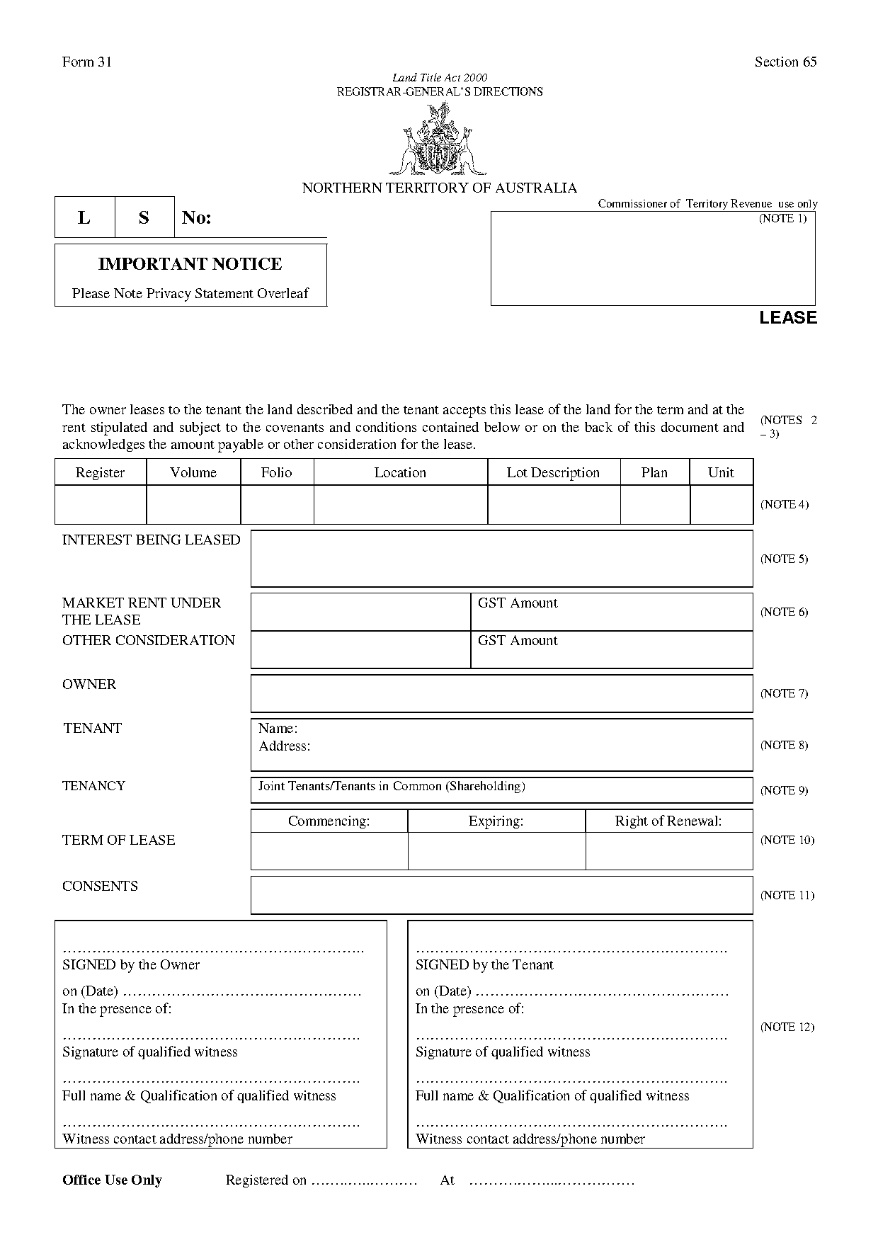 tenancy agreement template nt